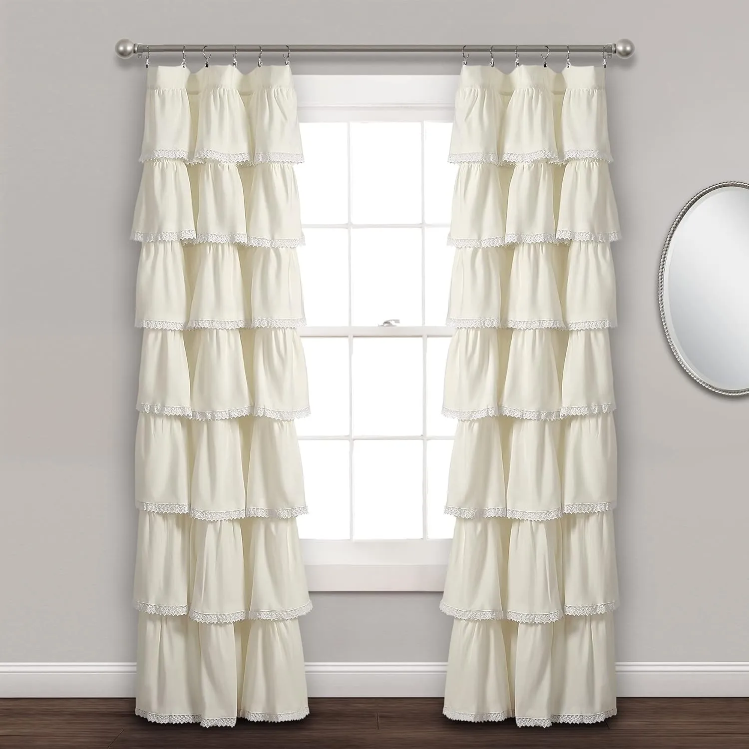 Lush Decor Lace Ruffle Curtain | Shabby Chic Farmhouse Style Window Panel for Living Room, Dining Room, Bedroom (Single), 84” x 52”, Blush