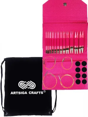 Lykke Blush 5-Inch (13cm) Interchangeable Circular Knitting Needle Set Birchwood US 4, 5, 6, 7, 8, 9, 10, 10.5, 11, 13, 15 & 17 with Magenta Basketweave Case with Project Bag