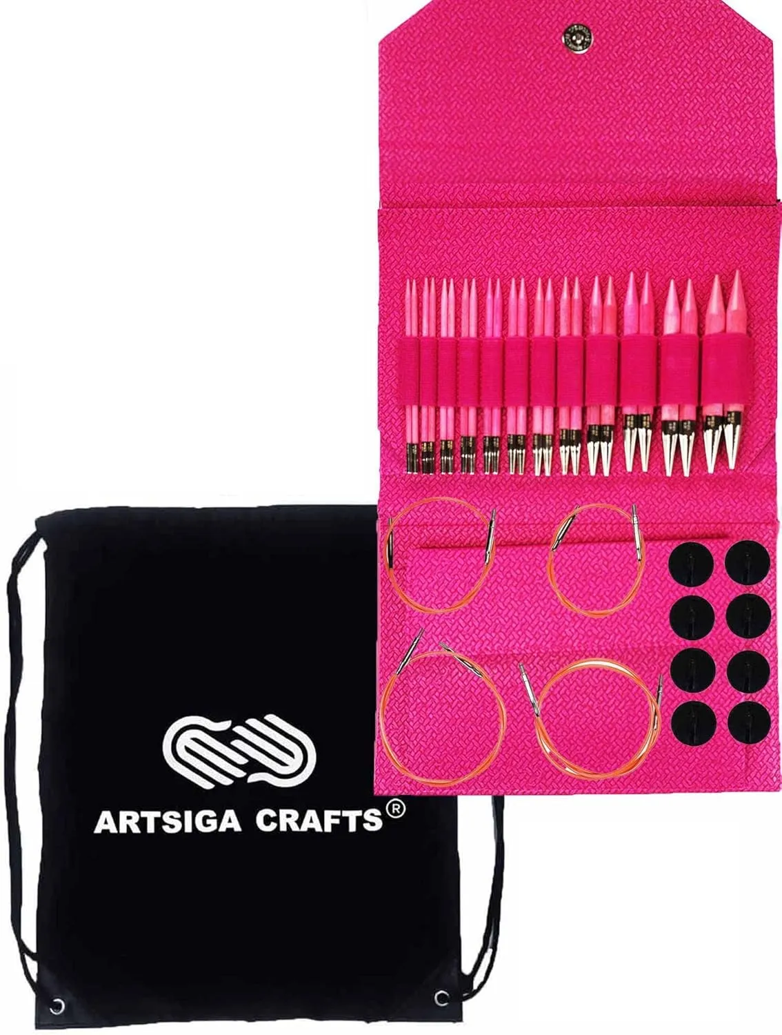 Lykke Blush 5-Inch (13cm) Interchangeable Circular Knitting Needle Set Birchwood US 4, 5, 6, 7, 8, 9, 10, 10.5, 11, 13, 15 & 17 with Magenta Basketweave Case with Project Bag