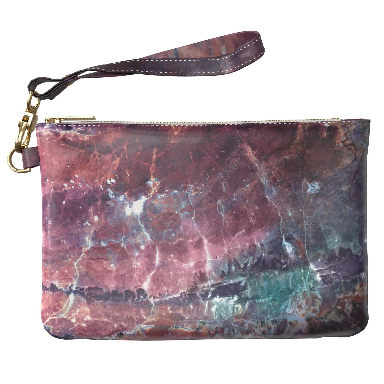 Makeup Bag 9.5 x 6 inch Cosmetic Galaxy Mountain Stone Glam Print PU Leather Toiletry Zipper Travel Case Strap Accessories Purse Pouch Portable Organizer Design Storage Granite Pattern Marble