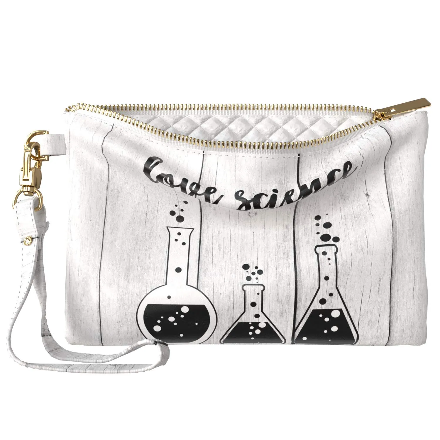 Makeup Bag 9.5 x 6 inch Natural Science Cosmetic Purse Pouch White Storage Wood Glam Print PU Leather Toiletry Zipper Travel Case Portable Organizer Design Black Quote Fancy Strap Accessories