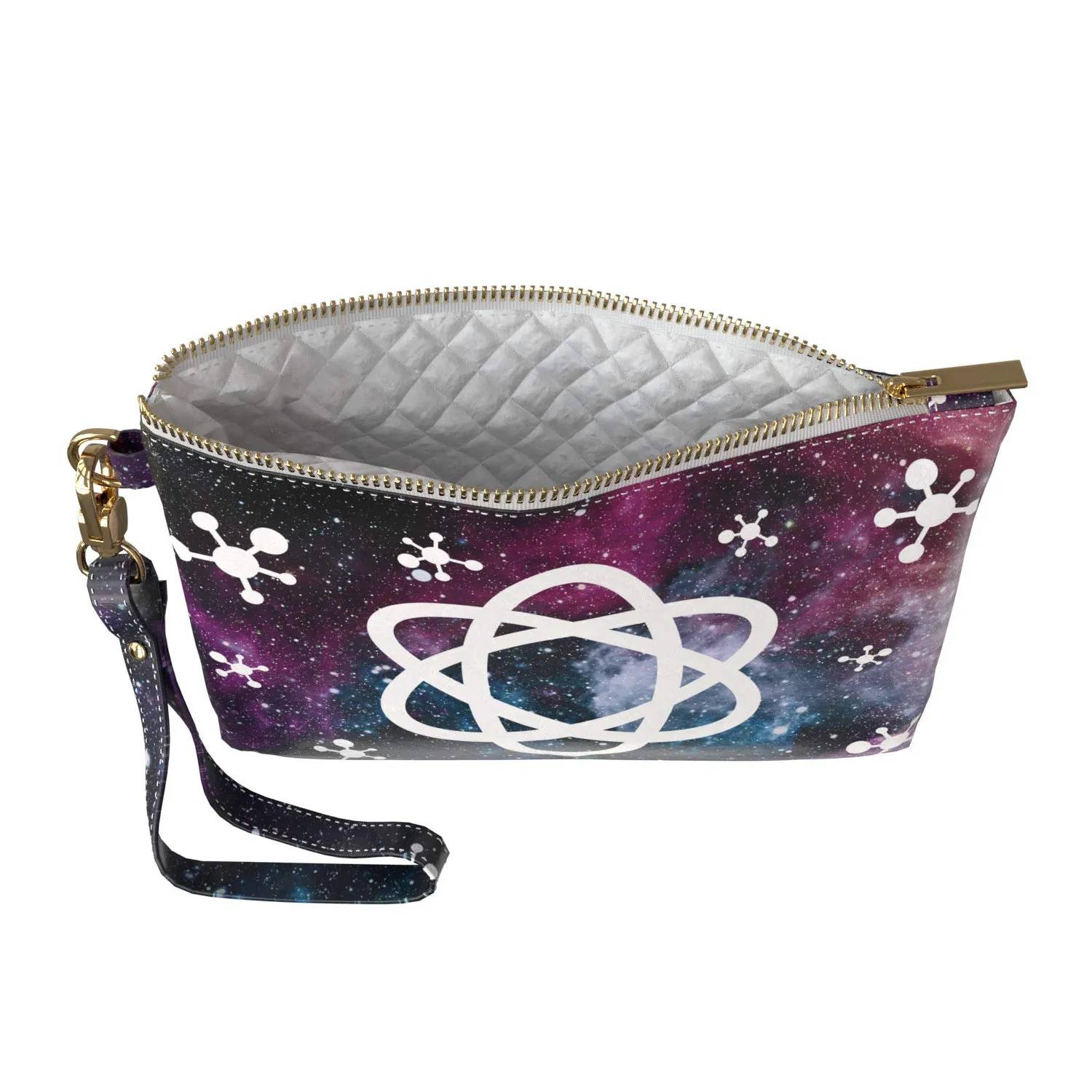 Makeup Bag 9.5 x 6 inch Storage Space Strap Accessories Purse Pouch Nerd Model Science Print PU Leather Toiletry Zipper Travel Case Portable Organizer Design Purple Galaxy Cosmetic White Atom