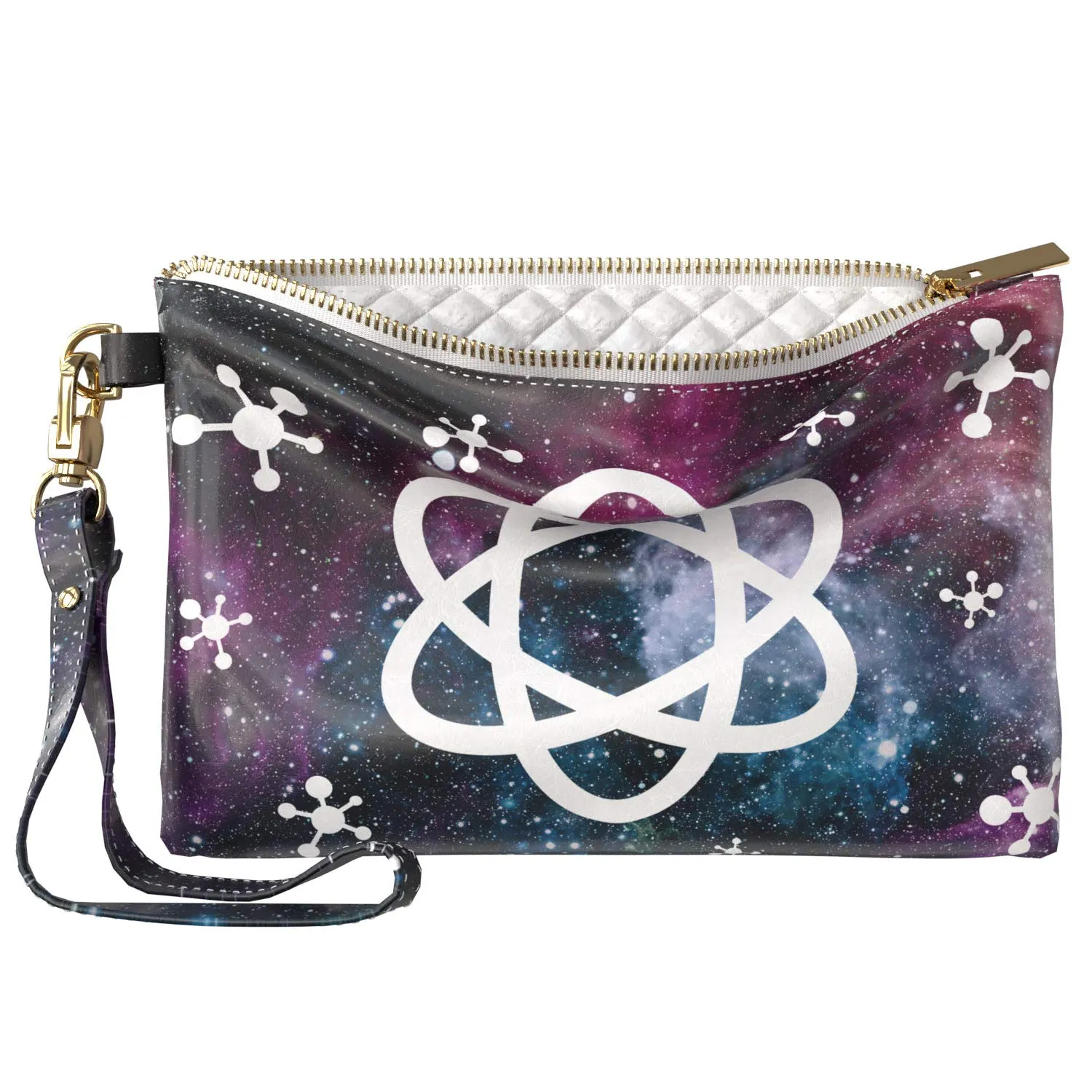 Makeup Bag 9.5 x 6 inch Storage Space Strap Accessories Purse Pouch Nerd Model Science Print PU Leather Toiletry Zipper Travel Case Portable Organizer Design Purple Galaxy Cosmetic White Atom
