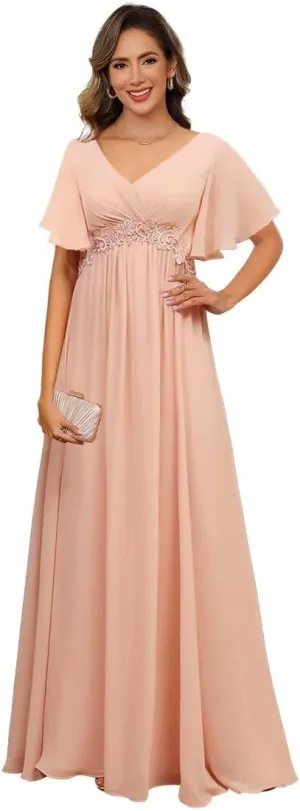 Miao Duo Plus Size Short Sleeves Mother of The Bride Dresses for Curvy Women V Neck Formal Dresses with Pockets YZTS224