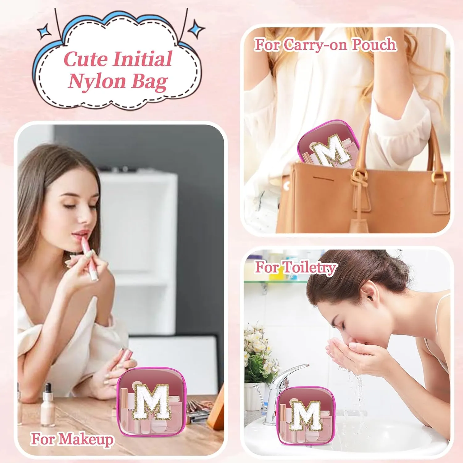 Mini Clear Personalized Initial Makeup Bag,Nylon Preppy A-Z Chenille Letter Patch Zipper Cosmetic Bag, Small Cute Beach Pouch Travel Purse Sanitary Napkin Storage Bag for Women Girls(Hot Pink-White M)