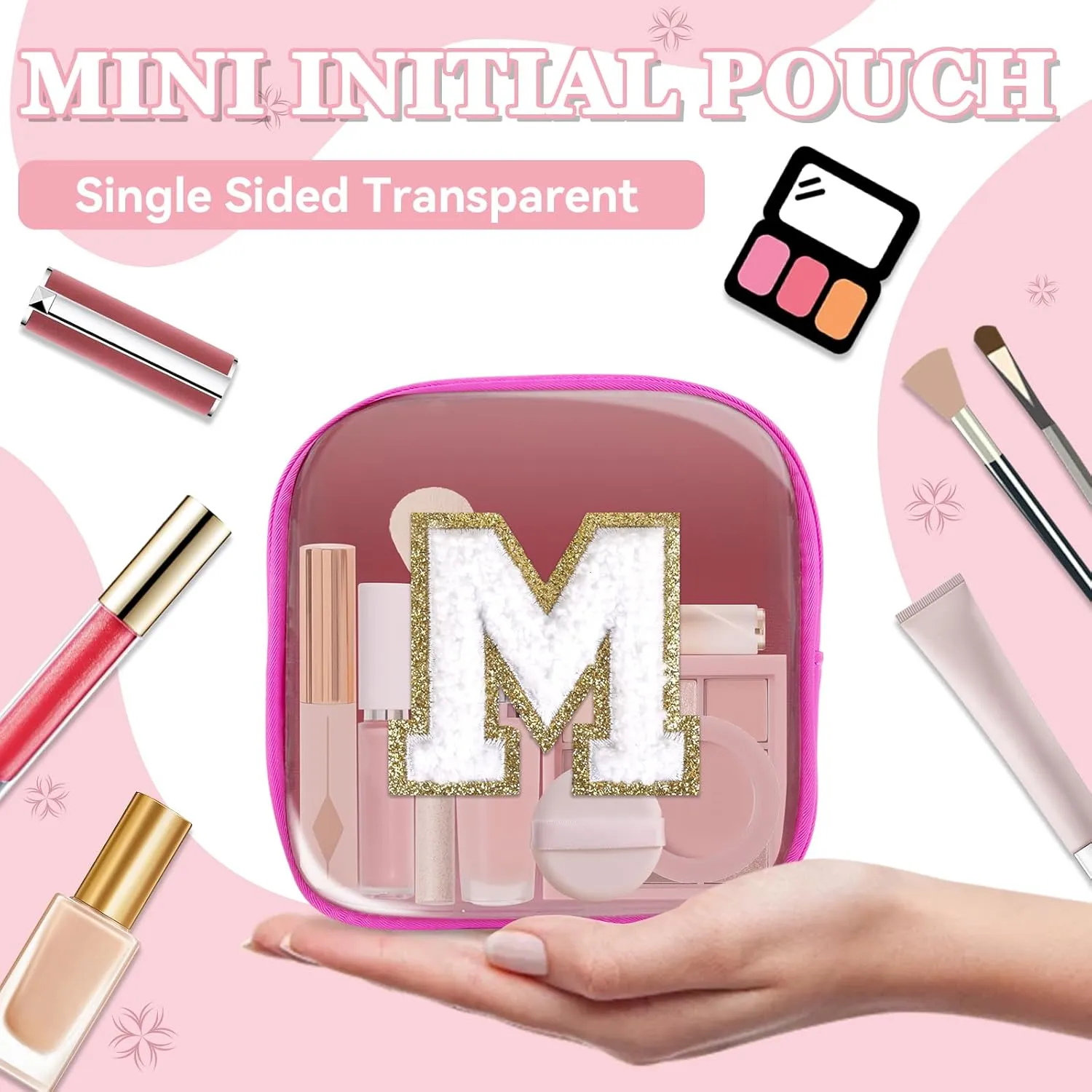 Mini Clear Personalized Initial Makeup Bag,Nylon Preppy A-Z Chenille Letter Patch Zipper Cosmetic Bag, Small Cute Beach Pouch Travel Purse Sanitary Napkin Storage Bag for Women Girls(Hot Pink-White M)
