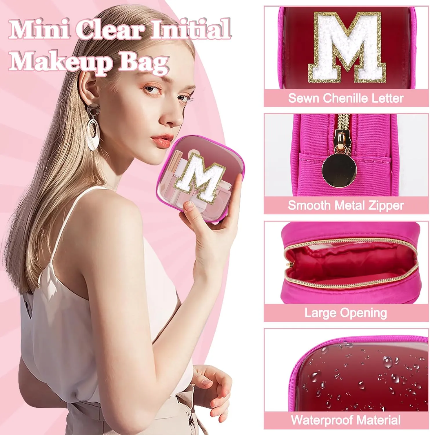 Mini Clear Personalized Initial Makeup Bag,Nylon Preppy A-Z Chenille Letter Patch Zipper Cosmetic Bag, Small Cute Beach Pouch Travel Purse Sanitary Napkin Storage Bag for Women Girls(Hot Pink-White M)