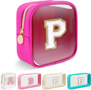 Mini Clear Personalized Initial Makeup Bag,Small Nylon Waterproof Zip Beach Cosmetic Pouch,Preppy A-Z Chenille Letter Patch Cute Coin Purse Travel Toiletry Bag Car Pack Bag for Women(Hot Pink-White P)