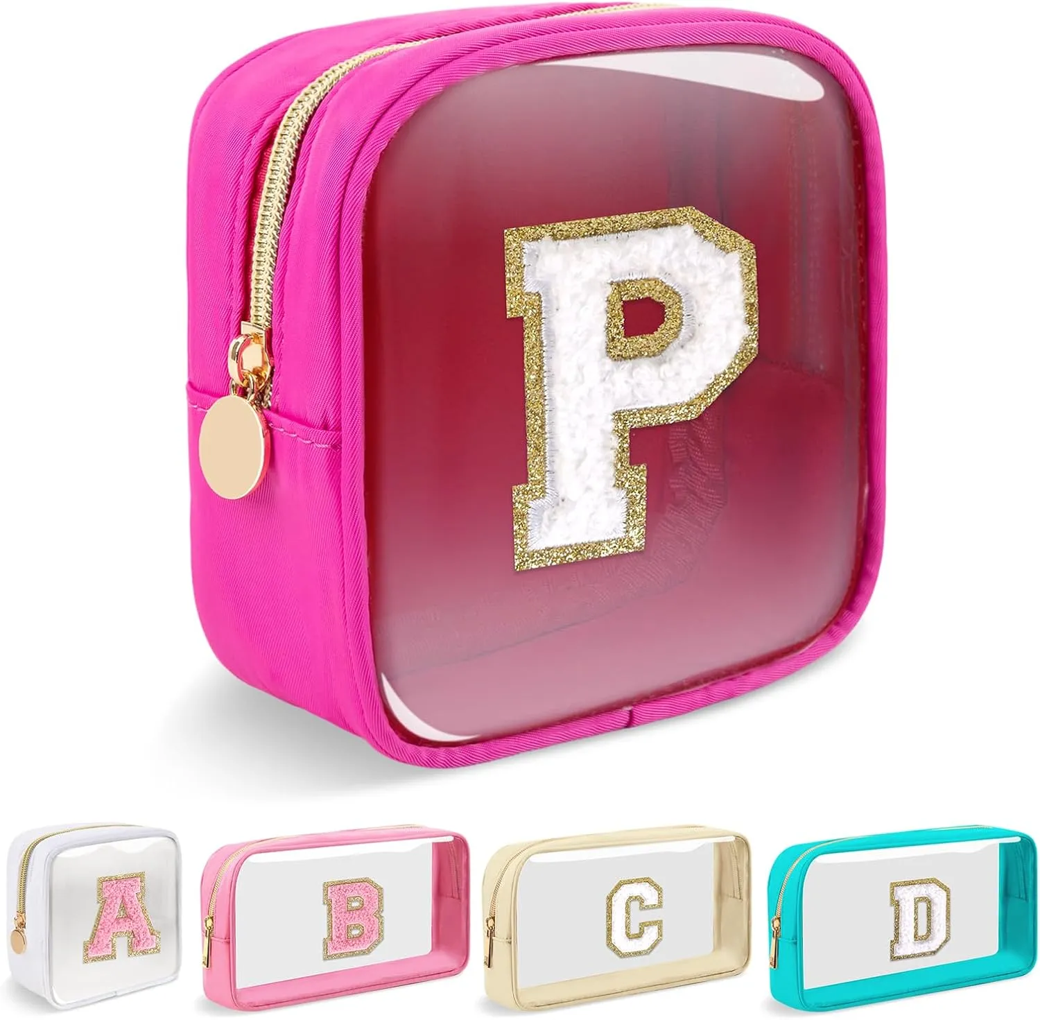 Mini Clear Personalized Initial Makeup Bag,Small Nylon Waterproof Zip Beach Cosmetic Pouch,Preppy A-Z Chenille Letter Patch Cute Coin Purse Travel Toiletry Bag Car Pack Bag for Women(Hot Pink-White P)