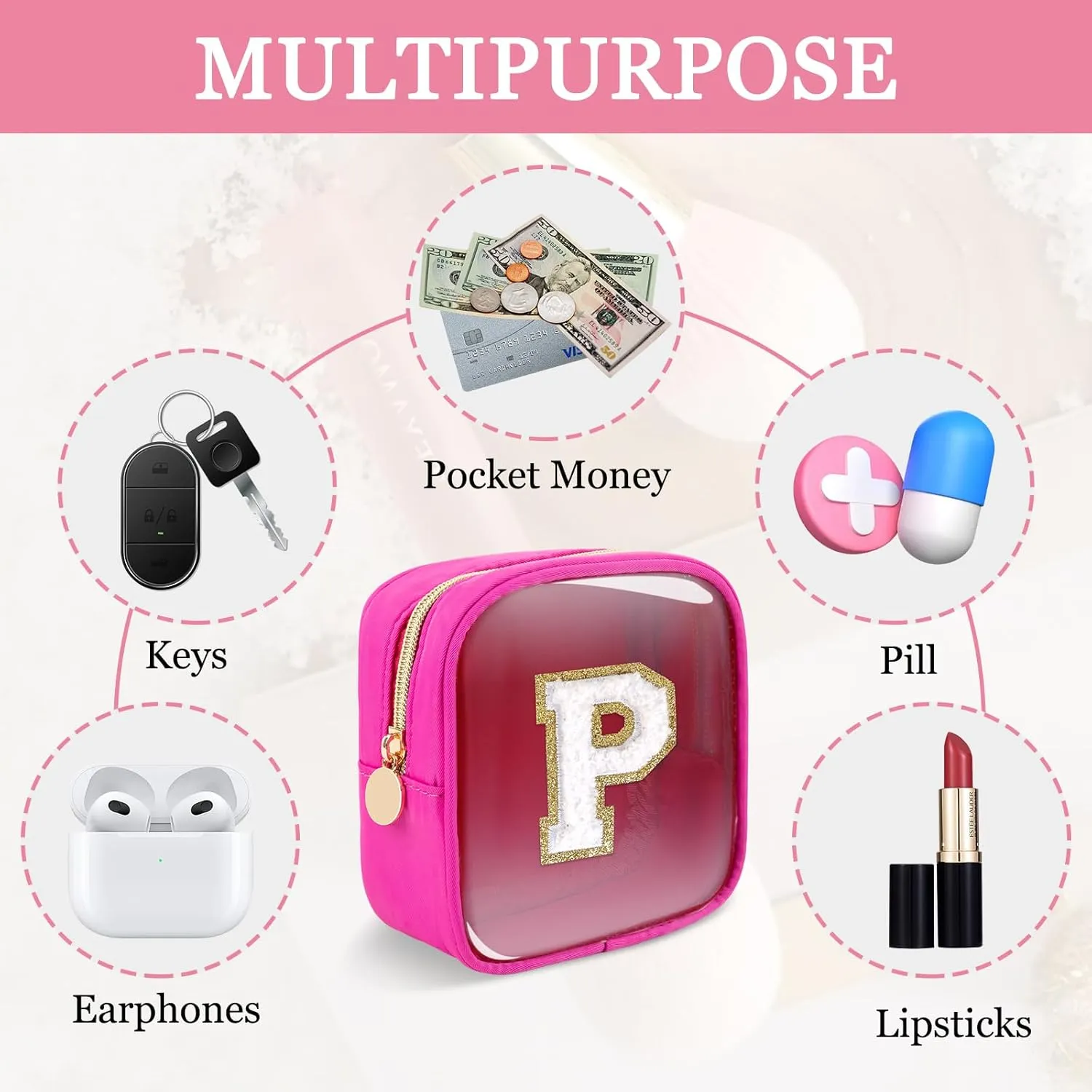 Mini Clear Personalized Initial Makeup Bag,Small Nylon Waterproof Zip Beach Cosmetic Pouch,Preppy A-Z Chenille Letter Patch Cute Coin Purse Travel Toiletry Bag Car Pack Bag for Women(Hot Pink-White P)