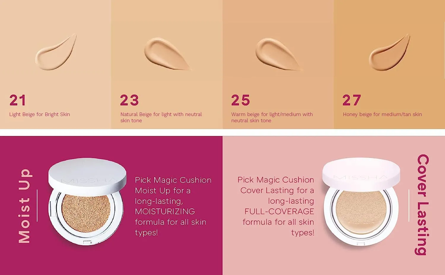 MISSHA Magic Cushion Foundation No.25 Warm beige for light/medium with neutral skin tone Flawless Coverage, Dewy Finish,Easy Application for All Skin Types