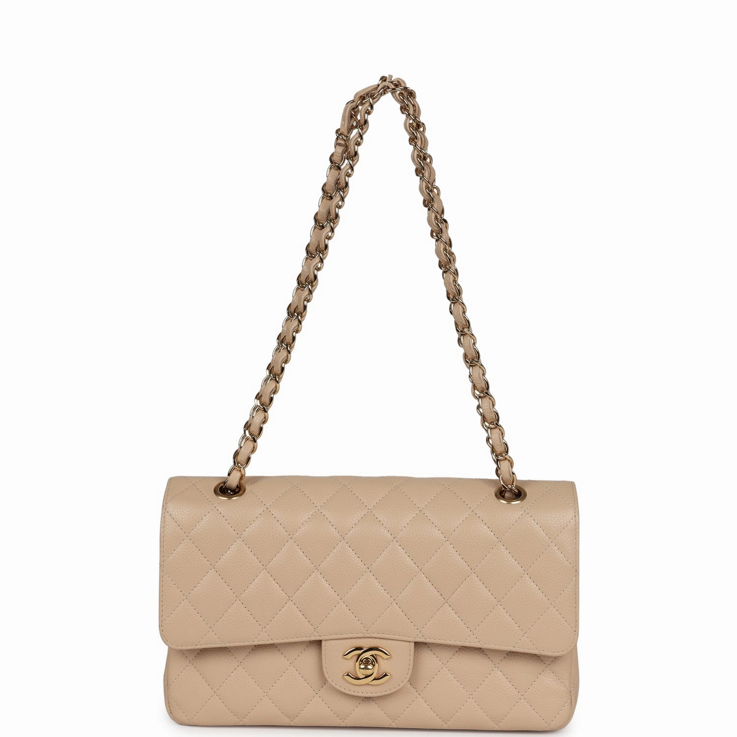 New Chanel Medium Classic Double Flap Beige Caviar Gold Hardware