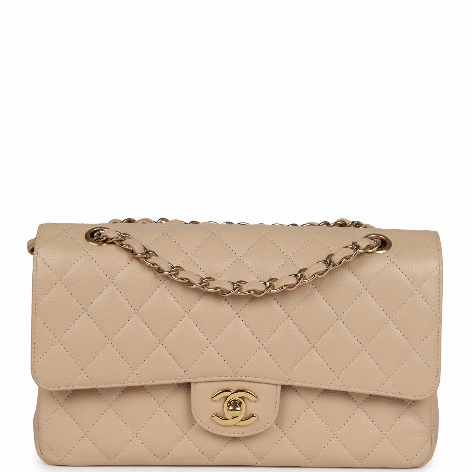 New Chanel Medium Classic Double Flap Beige Caviar Gold Hardware