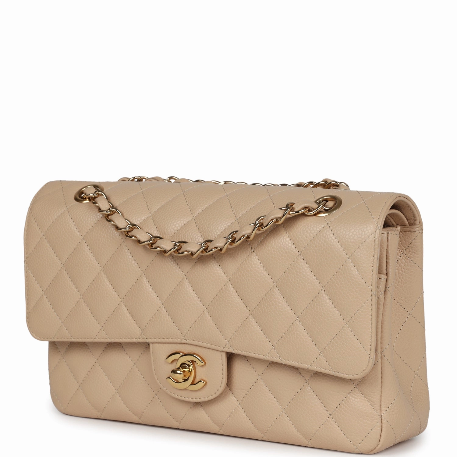 New Chanel Medium Classic Double Flap Beige Caviar Gold Hardware