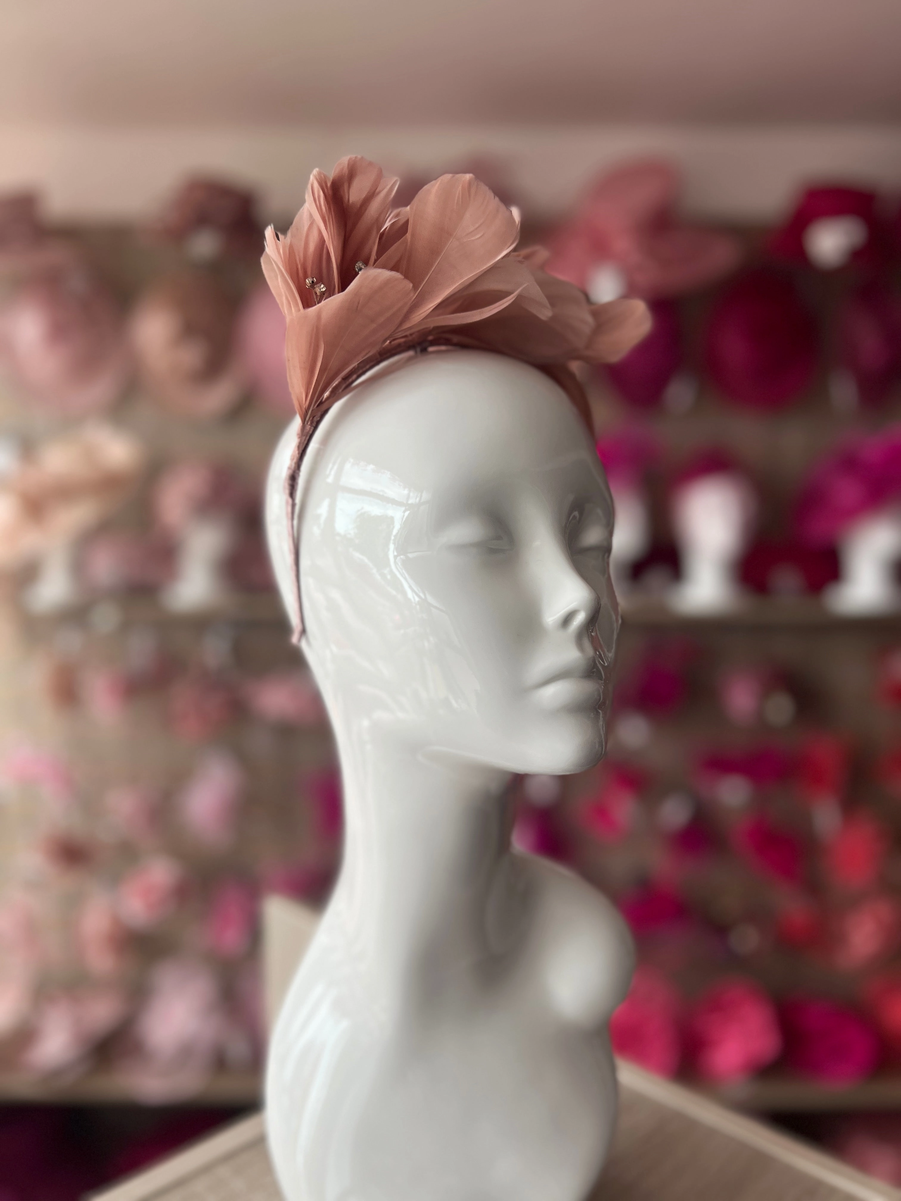Nude Pink Fascinator Headband with Feather Petals & Diamanté