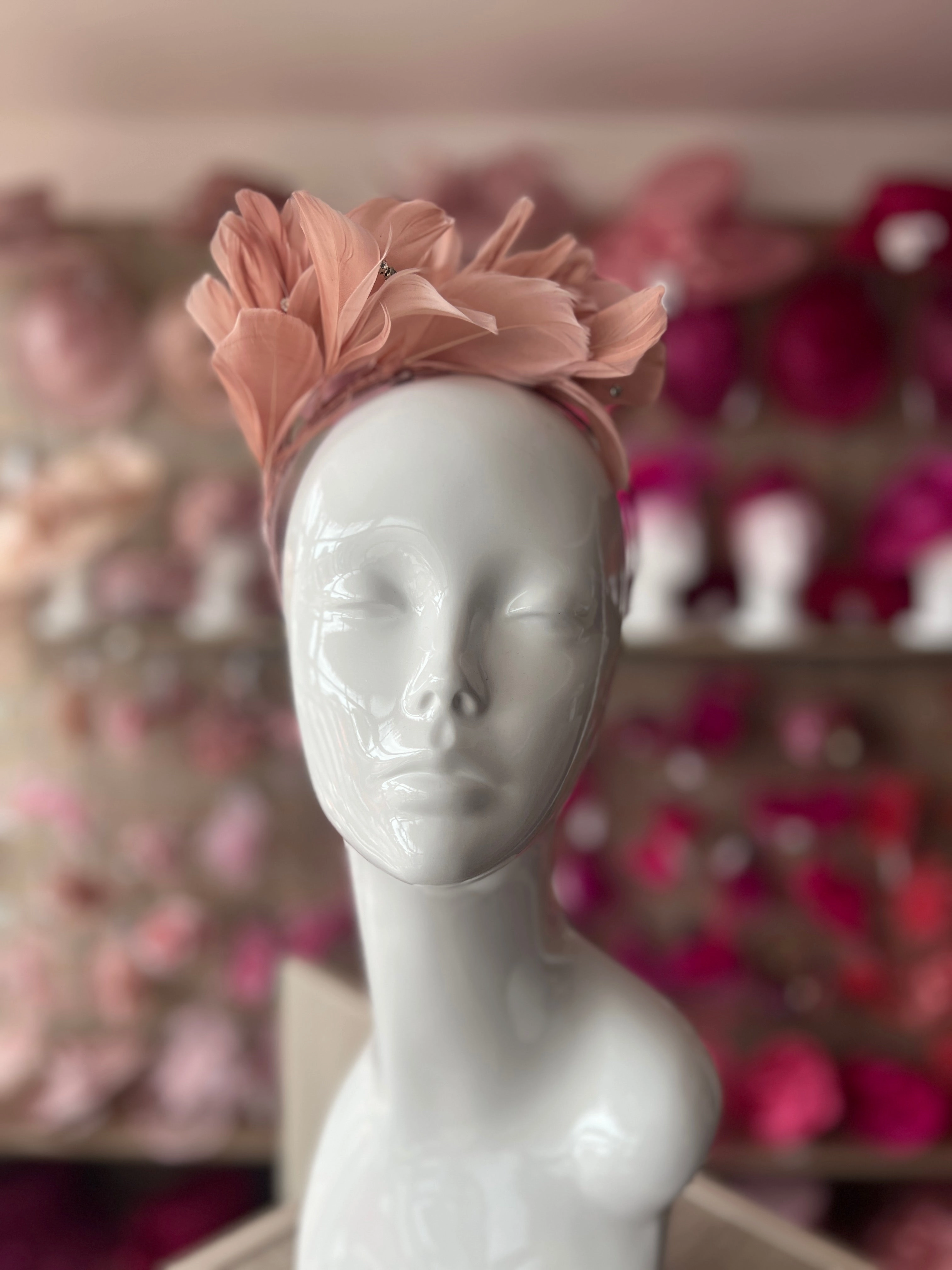 Nude Pink Fascinator Headband with Feather Petals & Diamanté