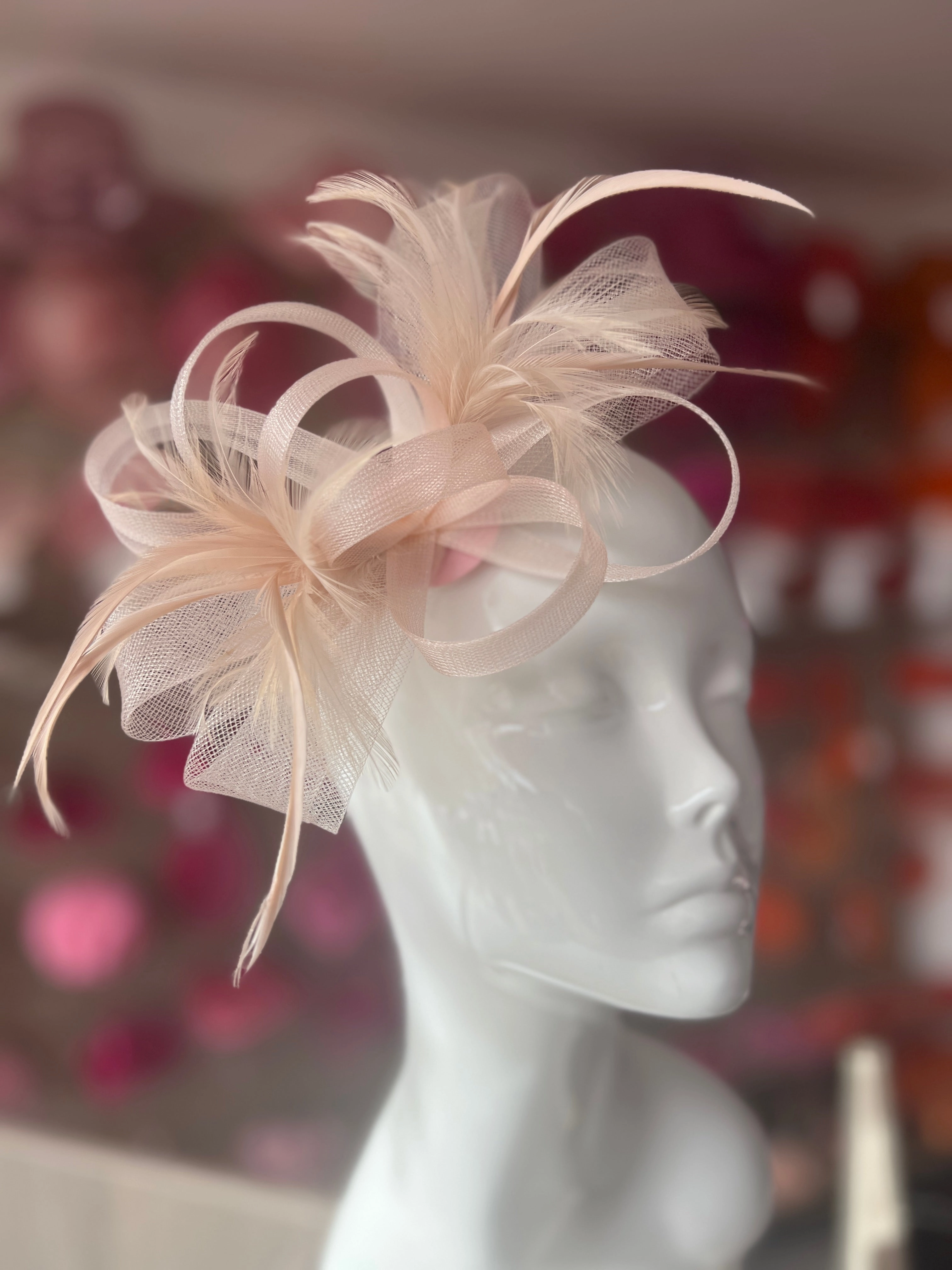 Nude Pink Loop Bow Fascinator With Feathers