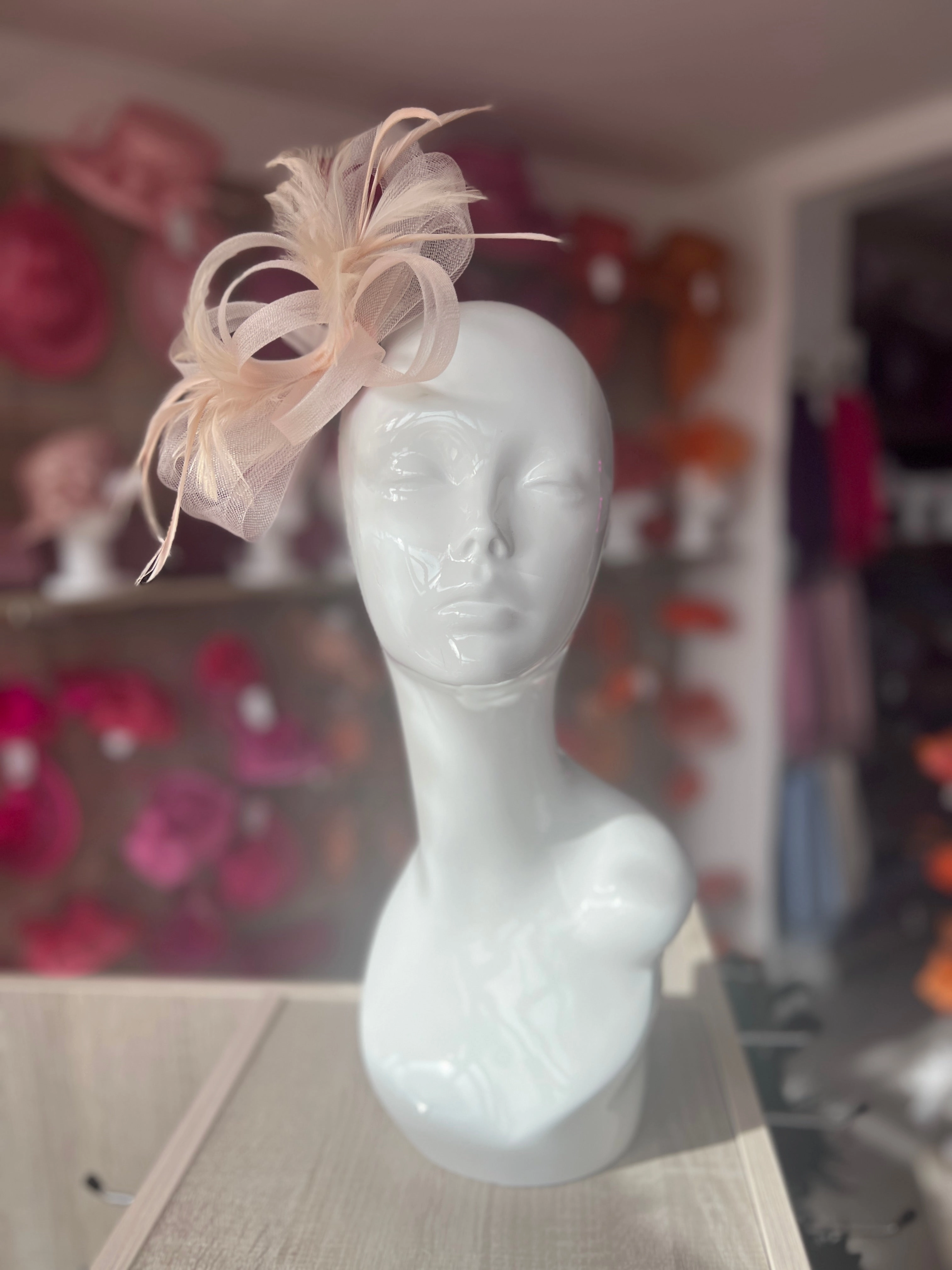 Nude Pink Loop Bow Fascinator With Feathers