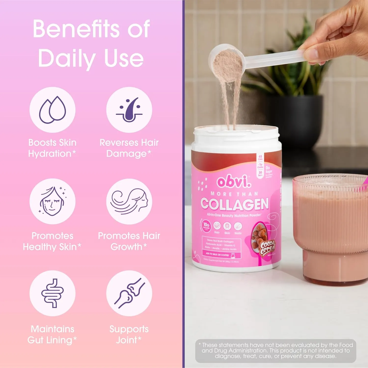 Obvi More Than Collagen Powder | Supports Healthy Hair, Skin, Nails, Joints, Gut | Grass-Fed Multi Collagen Supplement with Hyaluronic Acid, Biotin, Keratin | Cocoa Cereal, 30 Servings
