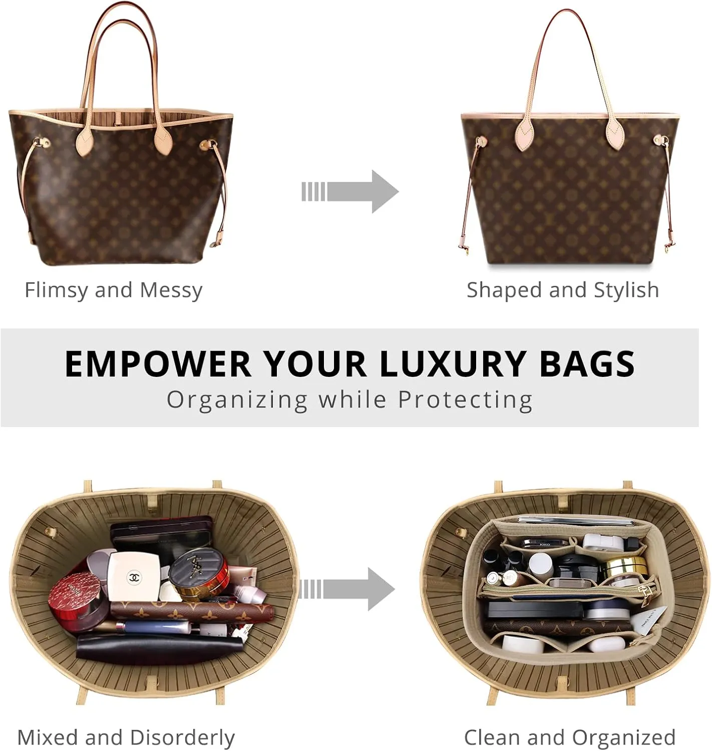 OPPOSHE Purse Organizer Insert for Handbags, Softened Felt Bag Insert Organizer for Tote, Compatible with LV, Coach, MK, Kate Spade, Goyard, Longchamp (Beige, Large)