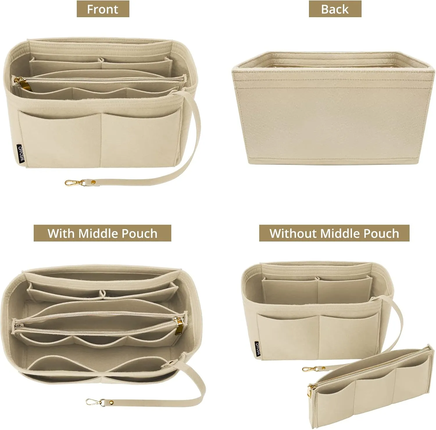 OPPOSHE Purse Organizer Insert for Handbags, Softened Felt Bag Insert Organizer for Tote, Compatible with LV, Coach, MK, Kate Spade, Goyard, Longchamp (Beige, Large)