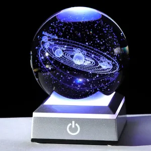 Ornalrist 3.15" K9 Crystal 3D Solar System Ball with Silver LED Colorful Lighting Touch Base, Engraving Solar System Star Planet Model, Science Universe Astronomy Gifts for Astronomy Lovers