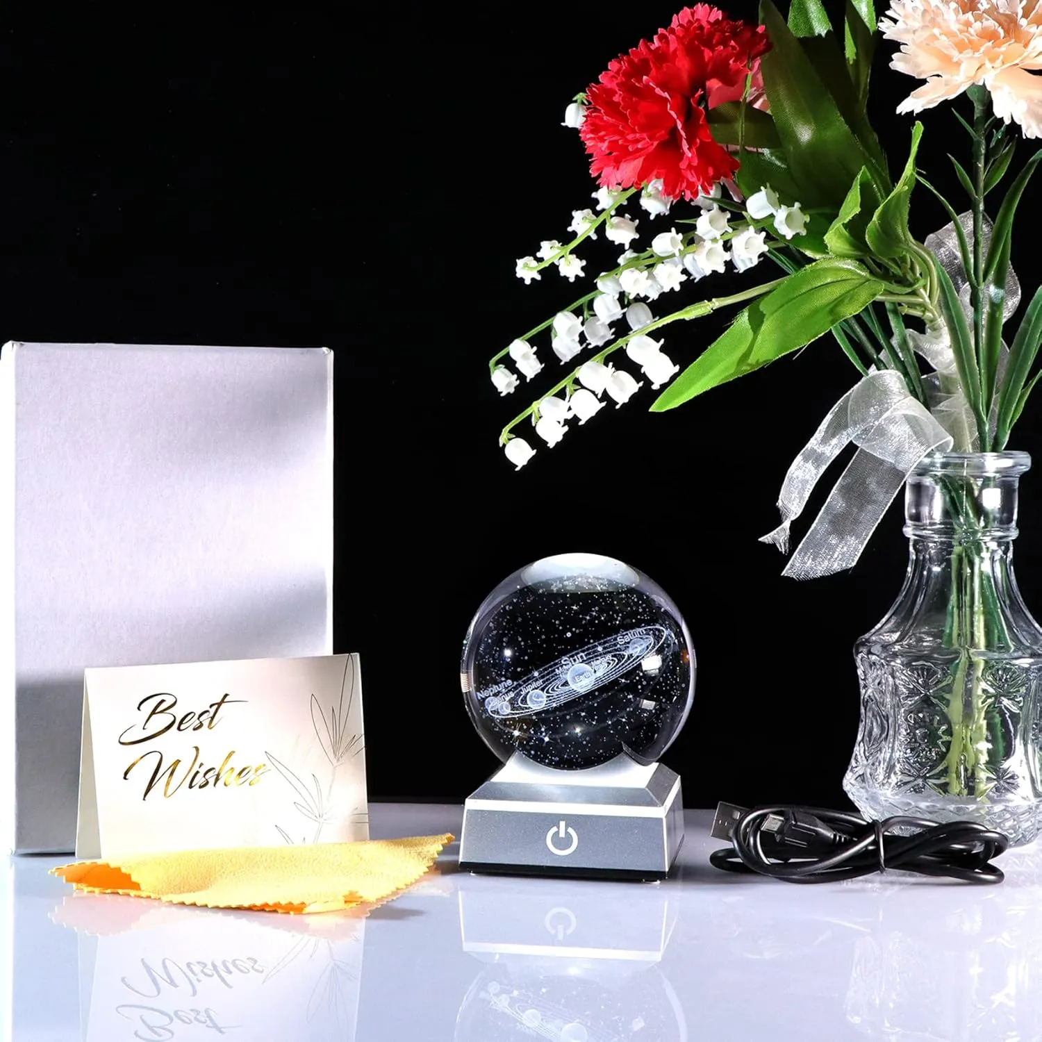 Ornalrist 3.15" K9 Crystal 3D Solar System Ball with Silver LED Colorful Lighting Touch Base, Engraving Solar System Star Planet Model, Science Universe Astronomy Gifts for Astronomy Lovers