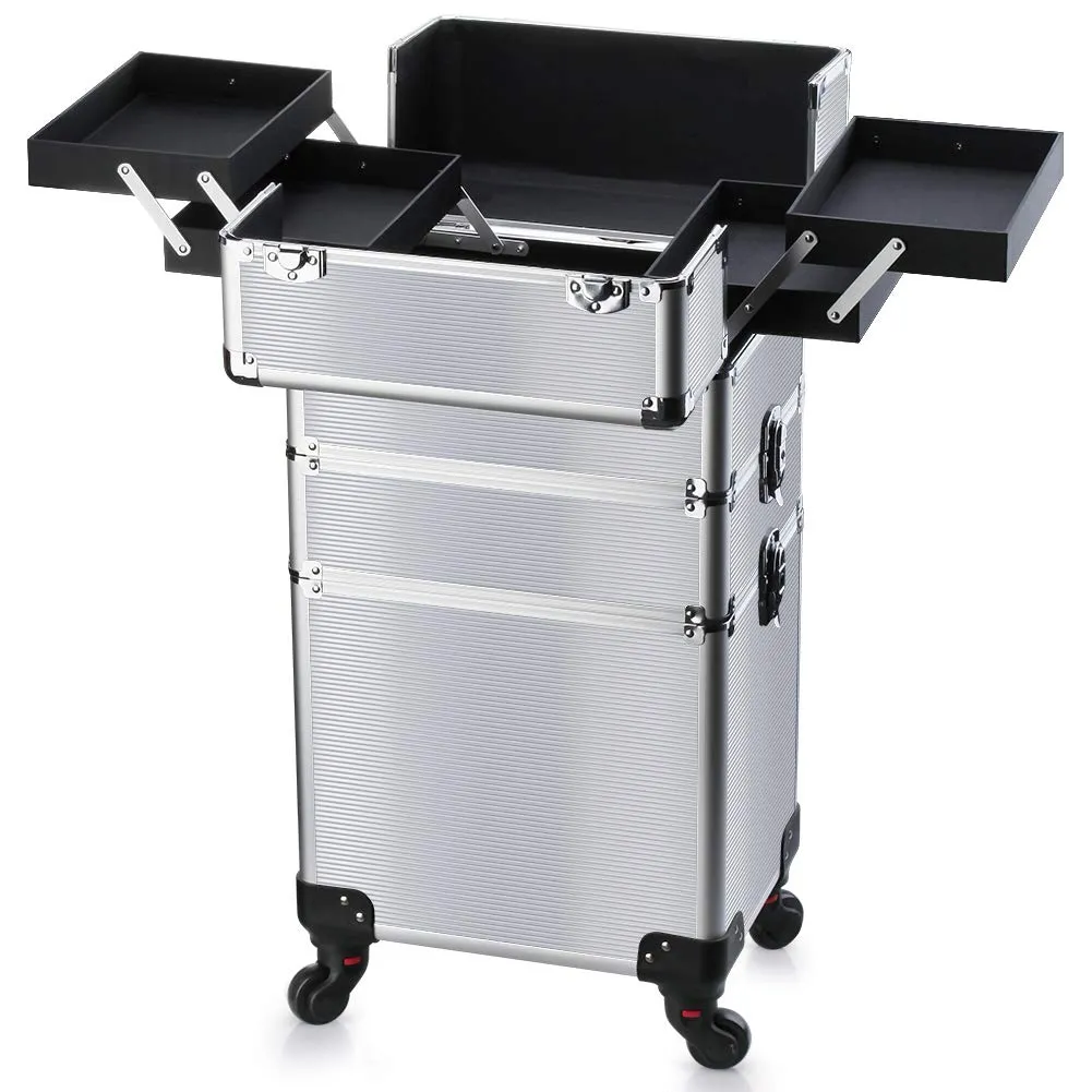 OUDMAY Makeup Case - 3 In 1 Aluminum Professional Rolling Cosmetic Beauty Storage With Folding Trays and Large Compartments Silver