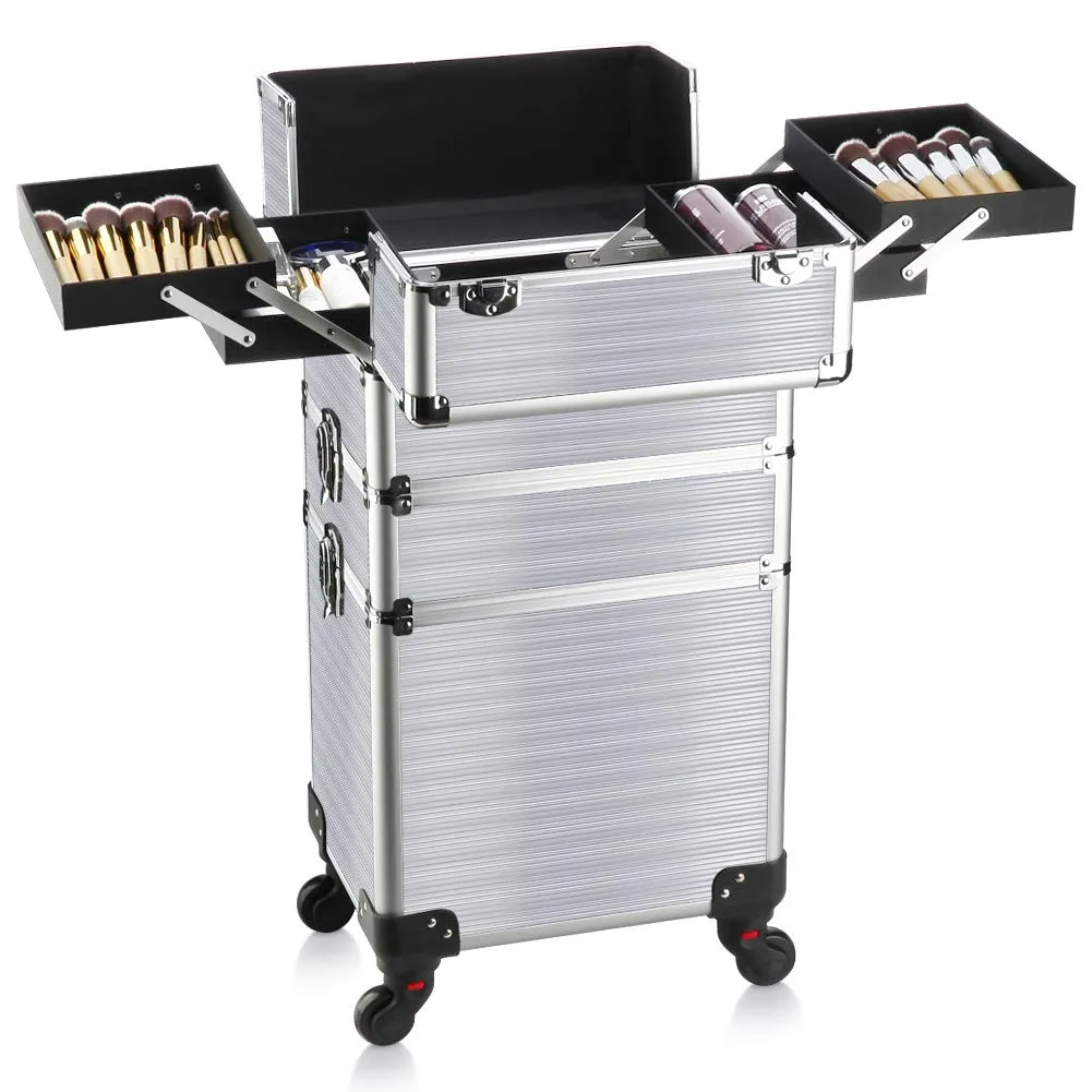 OUDMAY Makeup Case - 3 In 1 Aluminum Professional Rolling Cosmetic Beauty Storage With Folding Trays and Large Compartments Silver