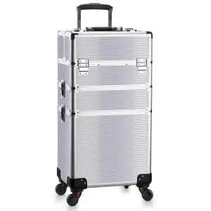 OUDMAY Makeup Case - 3 In 1 Aluminum Professional Rolling Cosmetic Beauty Storage With Folding Trays and Large Compartments Silver