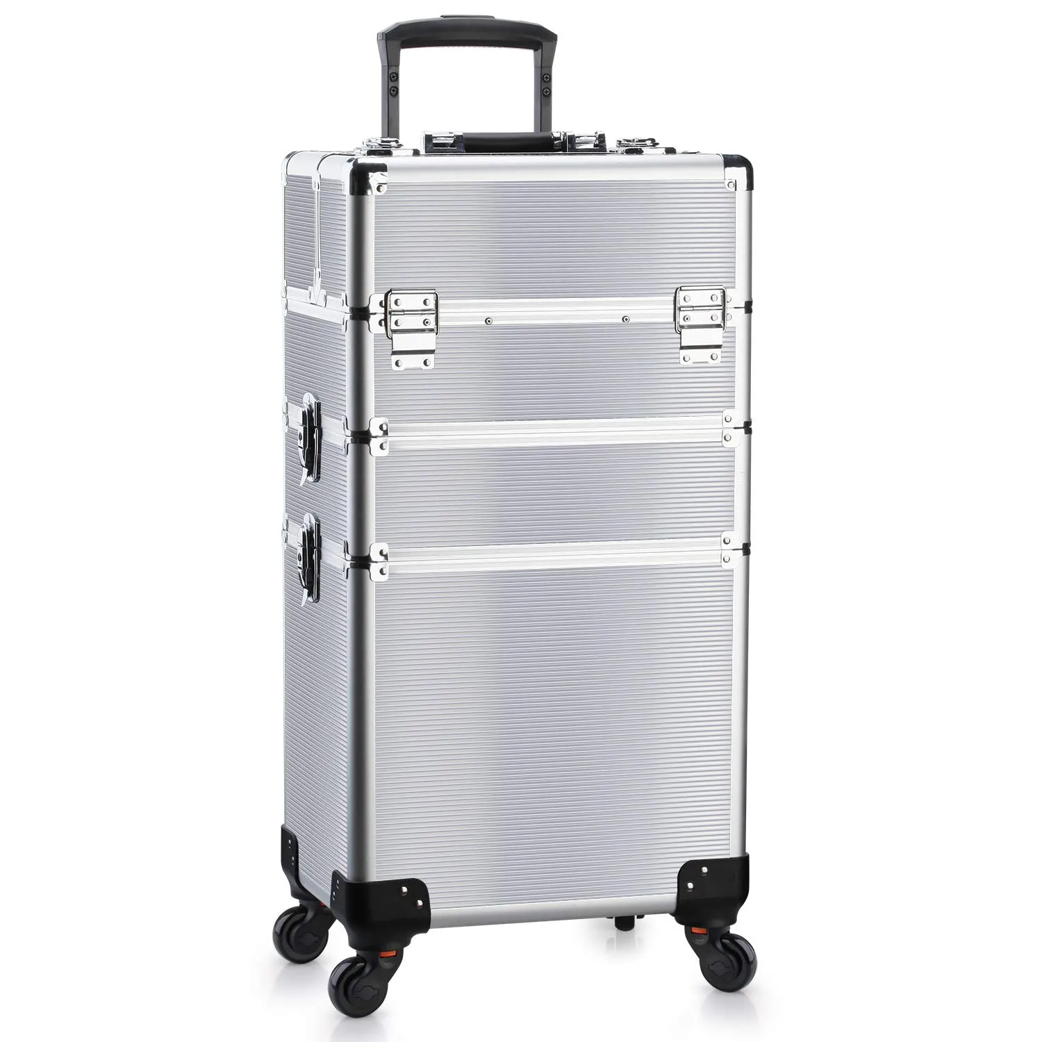 OUDMAY Makeup Case - 3 In 1 Aluminum Professional Rolling Cosmetic Beauty Storage With Folding Trays and Large Compartments Silver