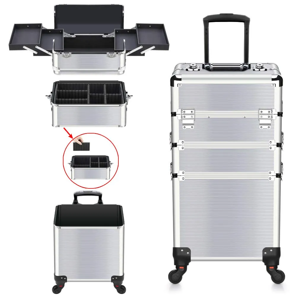 OUDMAY Makeup Case - 3 In 1 Aluminum Professional Rolling Cosmetic Beauty Storage With Folding Trays and Large Compartments Silver