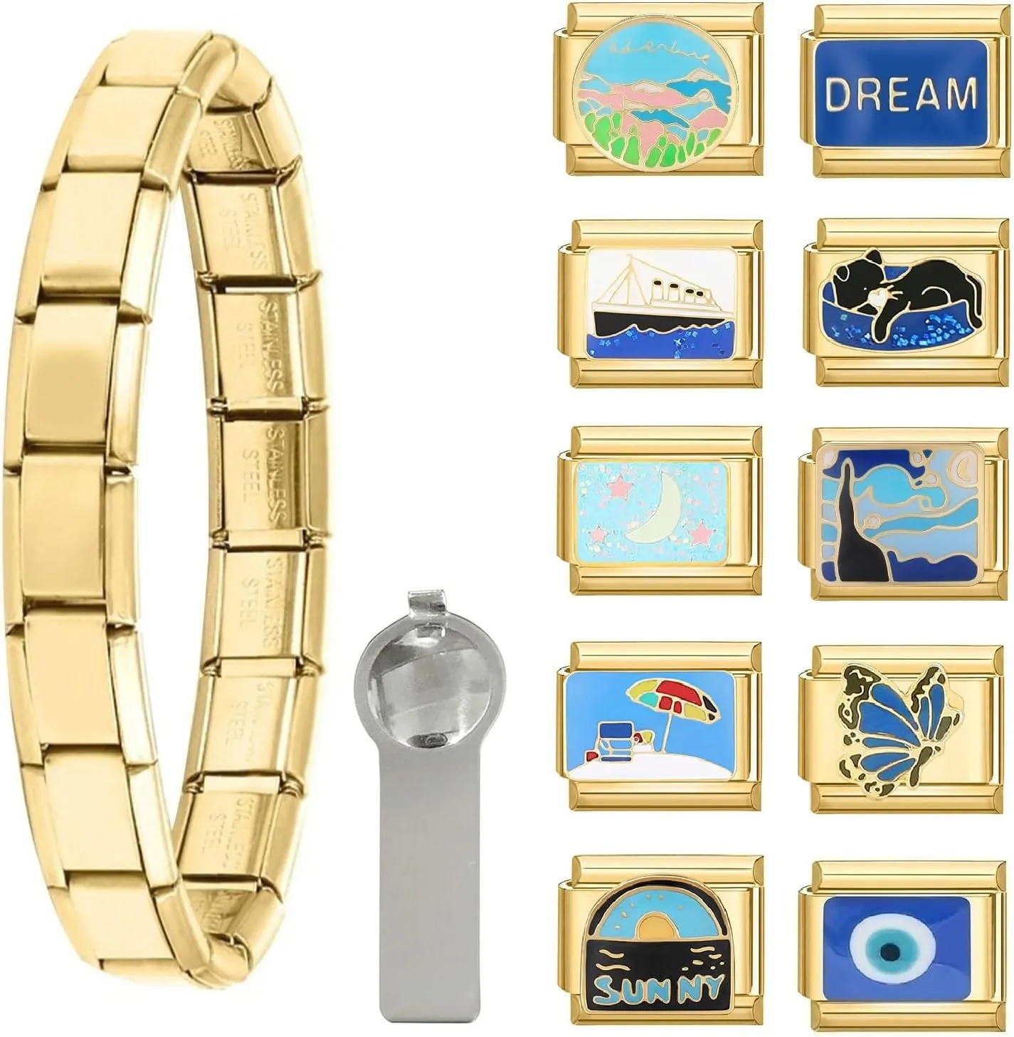 papasgix Italian Charm Bracelet Charms Set Charms Brascelets 9mm Assorted Italian Charms Bracelet Links Handmade DIY Jewelry Gifts(Gold Blue)