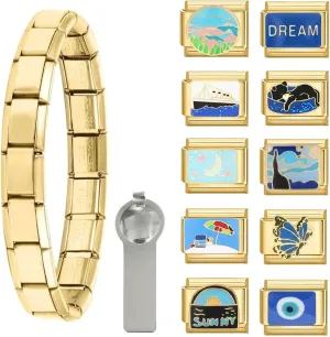 papasgix Italian Charm Bracelet Charms Set Charms Brascelets 9mm Assorted Italian Charms Bracelet Links Handmade DIY Jewelry Gifts(Gold Blue)