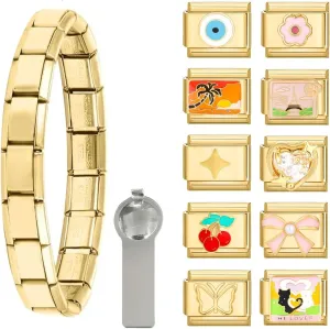 papasgix Italian Charm Bracelet Gold Set with Starter Brascelet, Assorted Charms and Opening Tools, 9mm Modular Italian Charm Bracelet Links Handmade DIY Jewelry