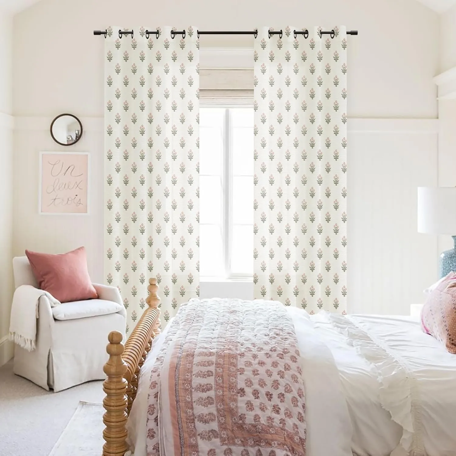 Pink Curtains 2 Panel Sets for Bedroom Girls Nursery,Light Blush Pink and Green Floral Boho Cute Sheer Curtains for Living Room Aesthetic Coquette Teen Girl Room Decor