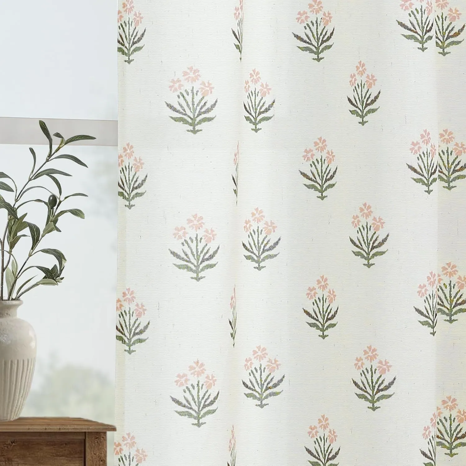 Pink Curtains 2 Panel Sets for Bedroom Girls Nursery,Light Blush Pink and Green Floral Boho Cute Sheer Curtains for Living Room Aesthetic Coquette Teen Girl Room Decor