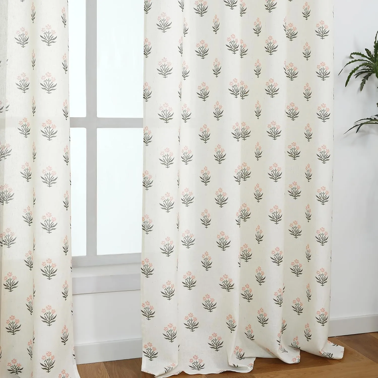 Pink Curtains 2 Panel Sets for Bedroom Girls Nursery,Light Blush Pink and Green Floral Boho Cute Sheer Curtains for Living Room Aesthetic Coquette Teen Girl Room Decor