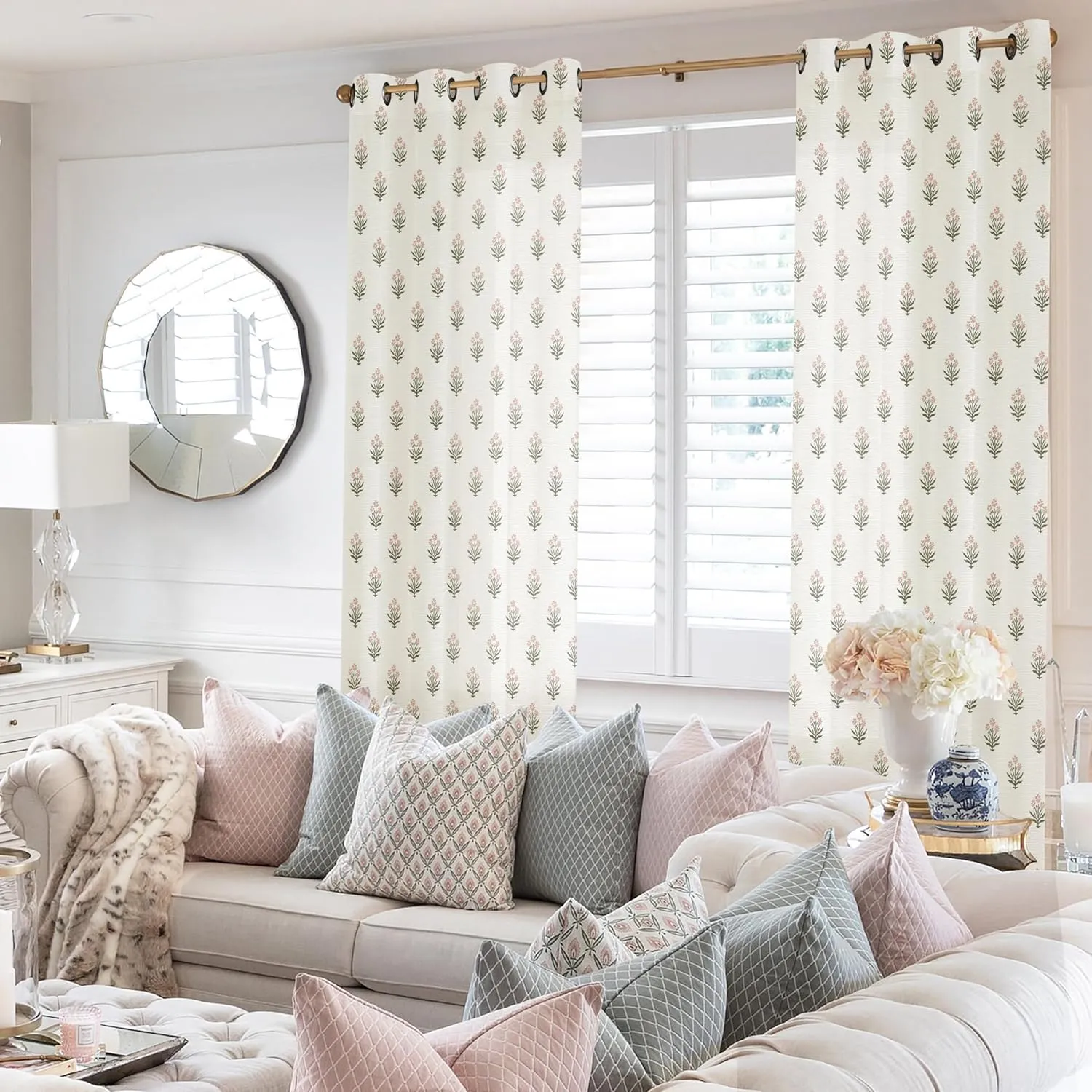 Pink Curtains 2 Panel Sets for Bedroom Girls Nursery,Light Blush Pink and Green Floral Boho Cute Sheer Curtains for Living Room Aesthetic Coquette Teen Girl Room Decor