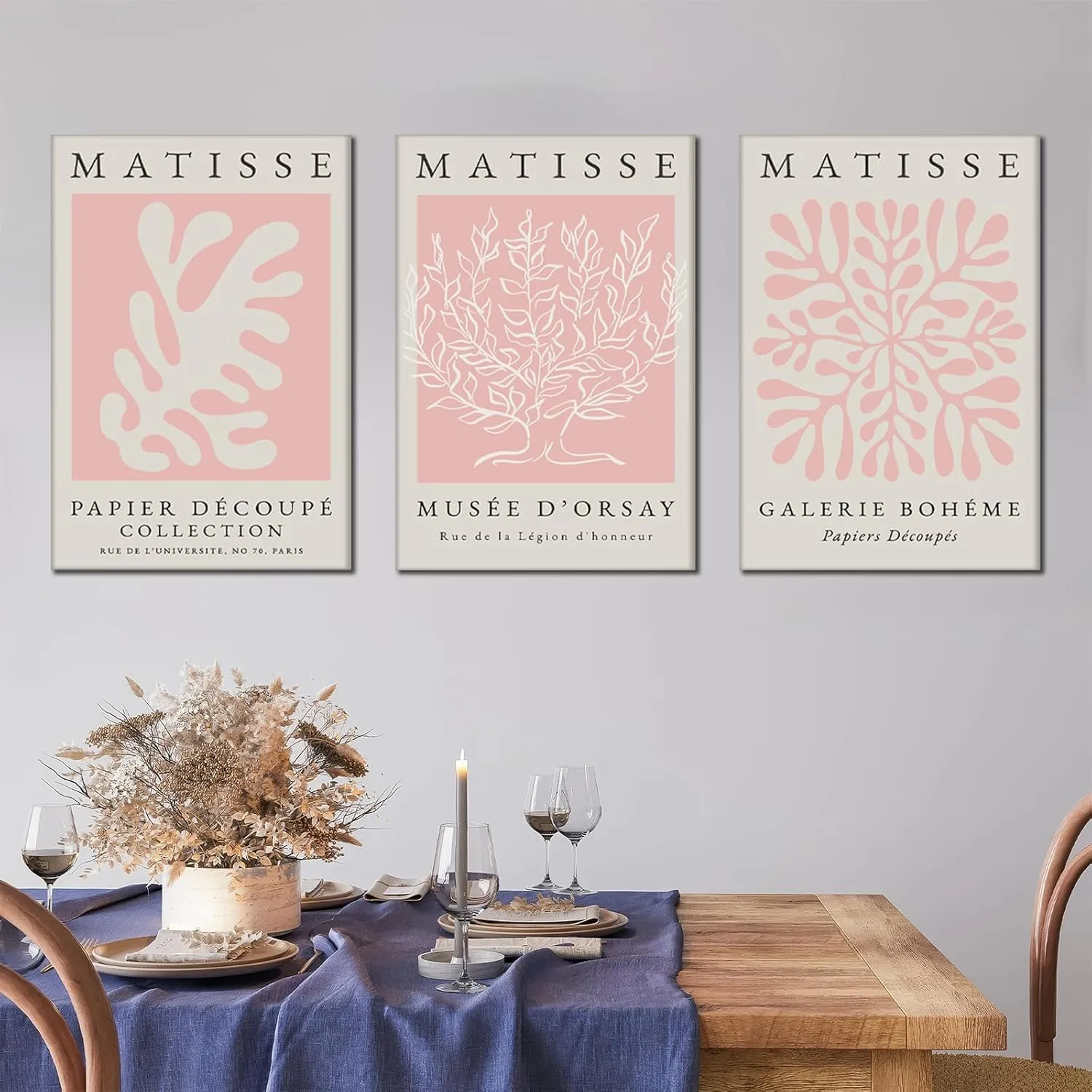 Pink Matisse Wall Art Set of 3, Abstract Matisse Wall Decor, Light Pink Canvas Painting Prints Minimalist Modern Aesthetic Posters Pictures for Living Room Bedroom Bathroom12x16 in Framed