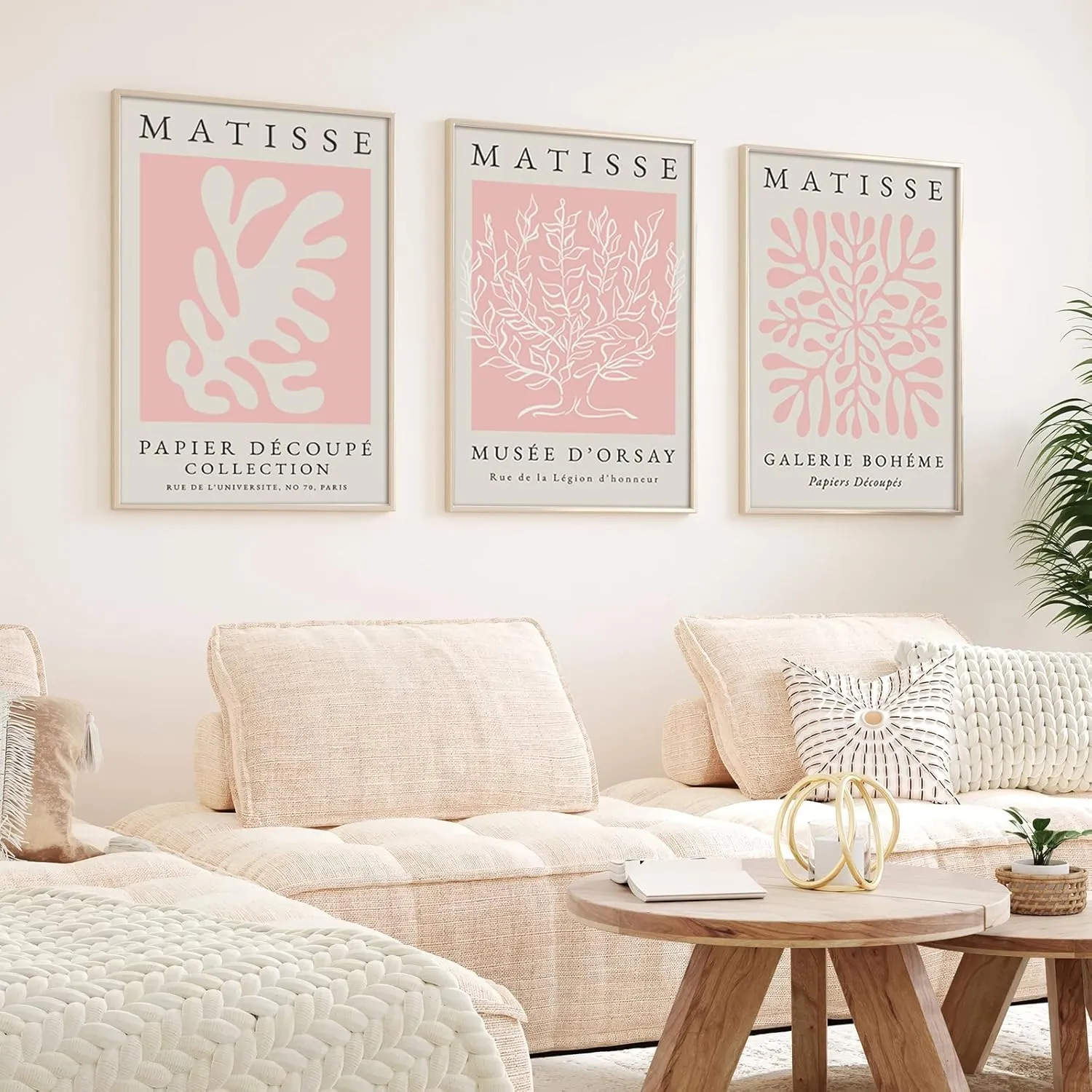 Pink Matisse Wall Art Set of 3, Abstract Matisse Wall Decor, Light Pink Canvas Painting Prints Minimalist Modern Aesthetic Posters Pictures for Living Room Bedroom Bathroom12x16 in Framed