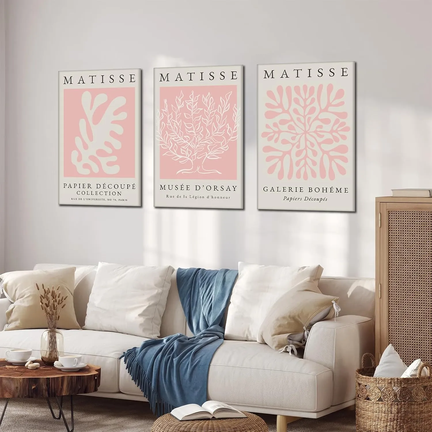 Pink Matisse Wall Art Set of 3, Abstract Matisse Wall Decor, Light Pink Canvas Painting Prints Minimalist Modern Aesthetic Posters Pictures for Living Room Bedroom Bathroom12x16 in Framed