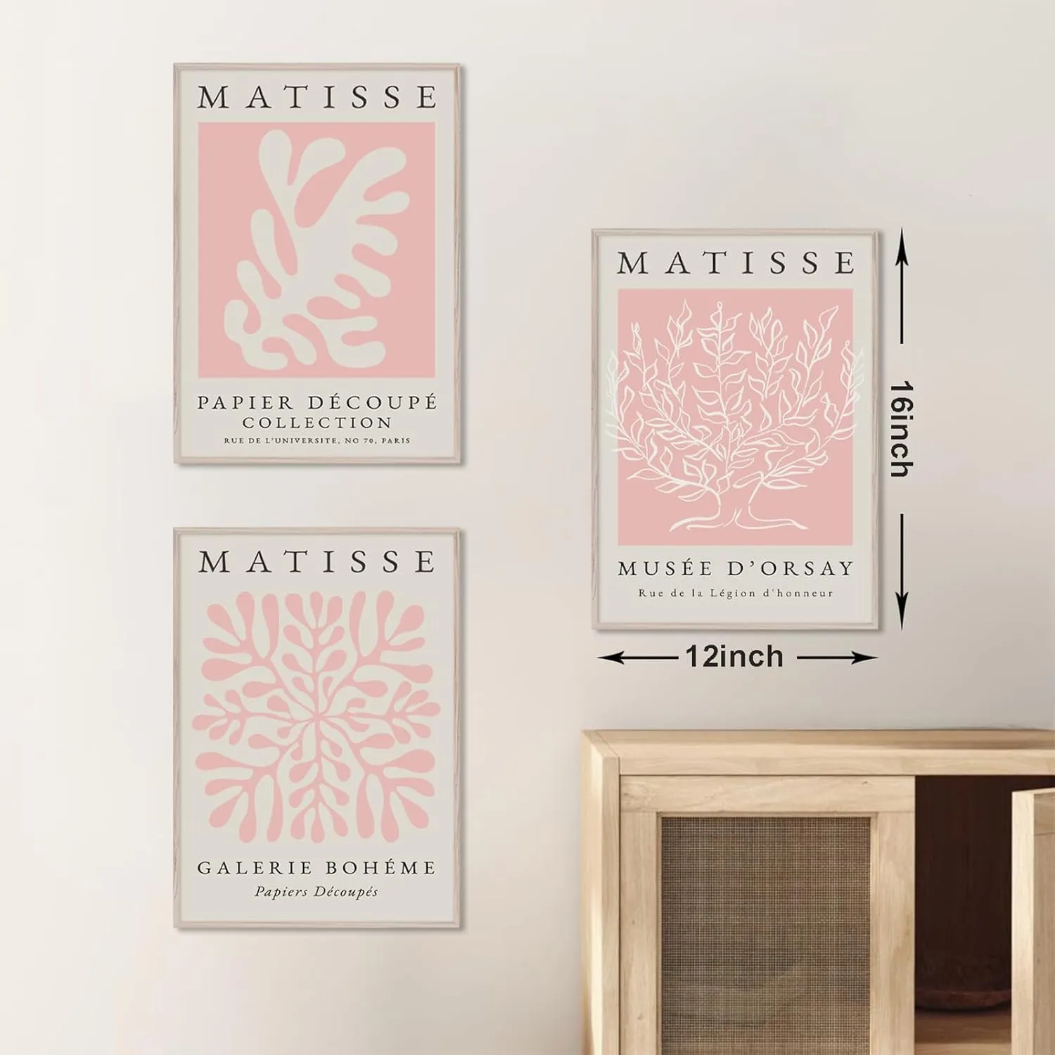 Pink Matisse Wall Art Set of 3, Abstract Matisse Wall Decor, Light Pink Canvas Painting Prints Minimalist Modern Aesthetic Posters Pictures for Living Room Bedroom Bathroom12x16 in Framed