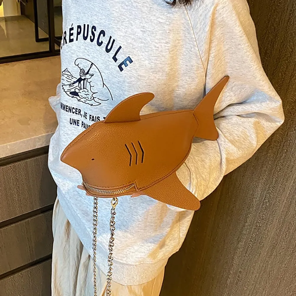 PU Cute Funny 3D Shark Shoulder Crossbody Bag, Creative Cartoon Chain Phone Bag, Animal Style Dolphin Wallet Purse For Women