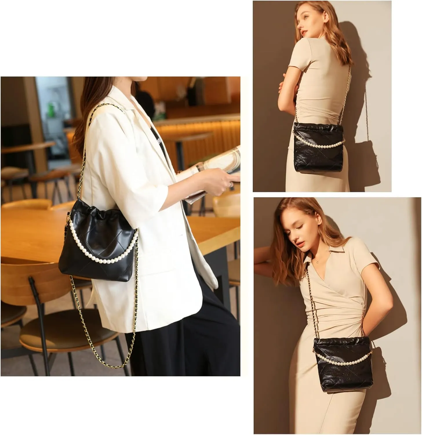 Quilted Tote Bag For Women, Luxury Hobo Shoulder Bag Crossbody Purses Designer Chain Handbag Leather Work Large Black