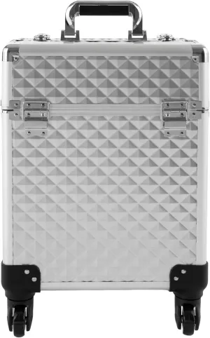 Rolling Makeup Train Case, Large Capacity Cosmetic Case with Adjustable Pull Rod and Wheels, Silver, Stylish &