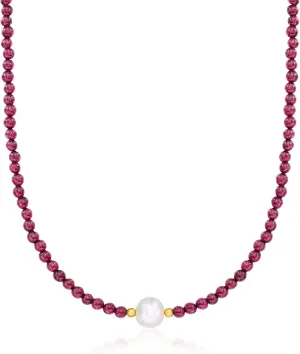 Ross-Simons 8.5-9.5mm Cultured Pearl and 55.00 ct. t.w. Garnet Bead Necklace With 18kt Gold Over Sterling