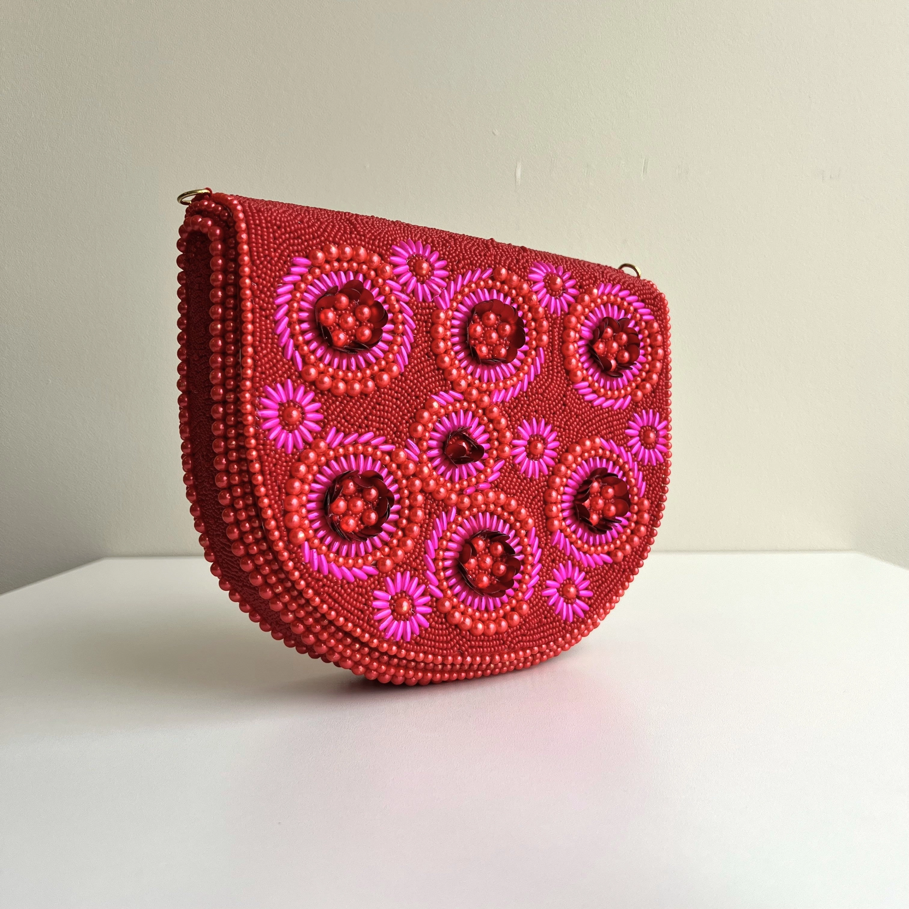 Round Beaded Bag - Red Fuchsia