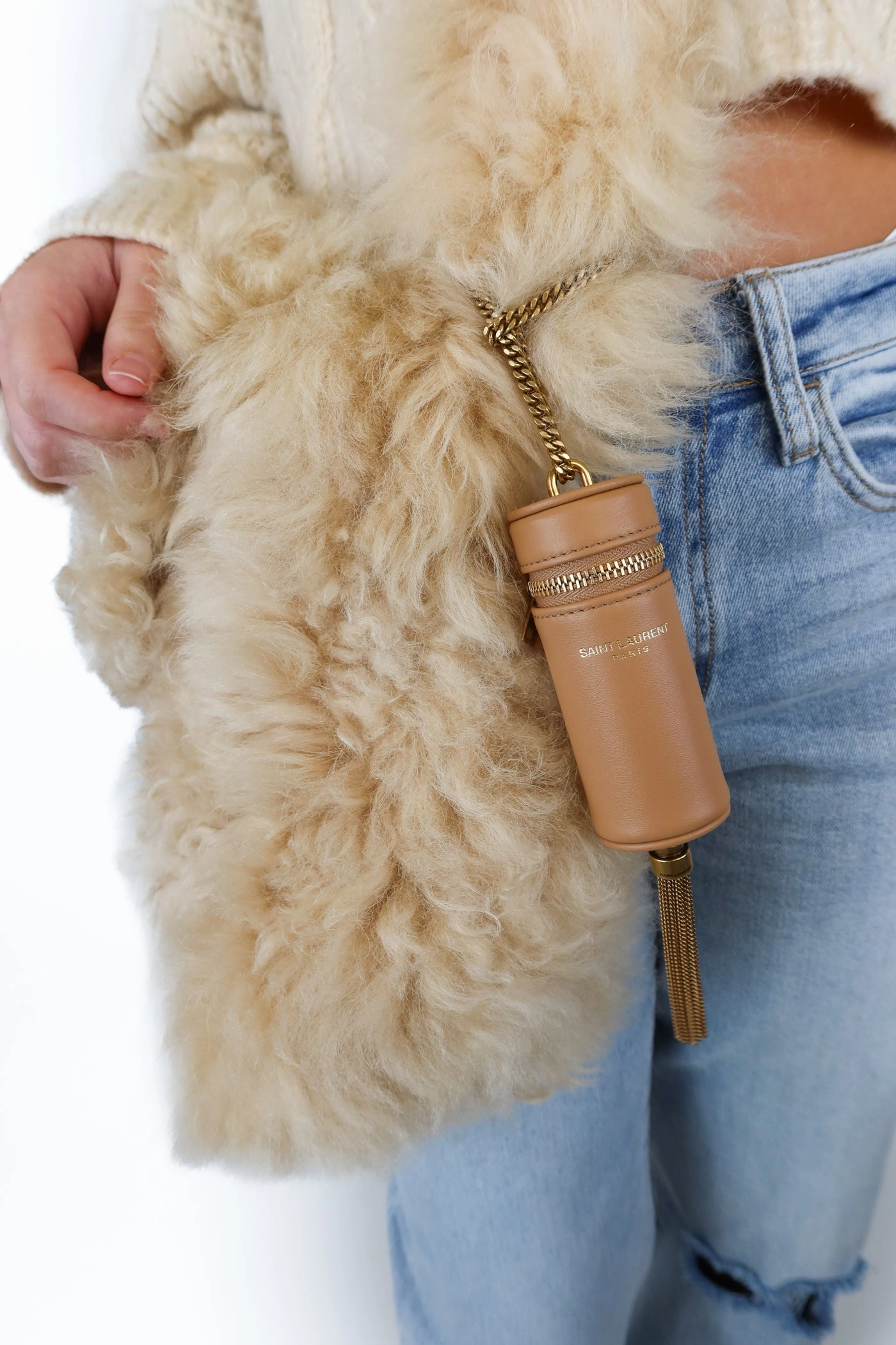 Saint Laurent Beige Genuine Shearling Shoulder Bag (retail approx. $4,000)*