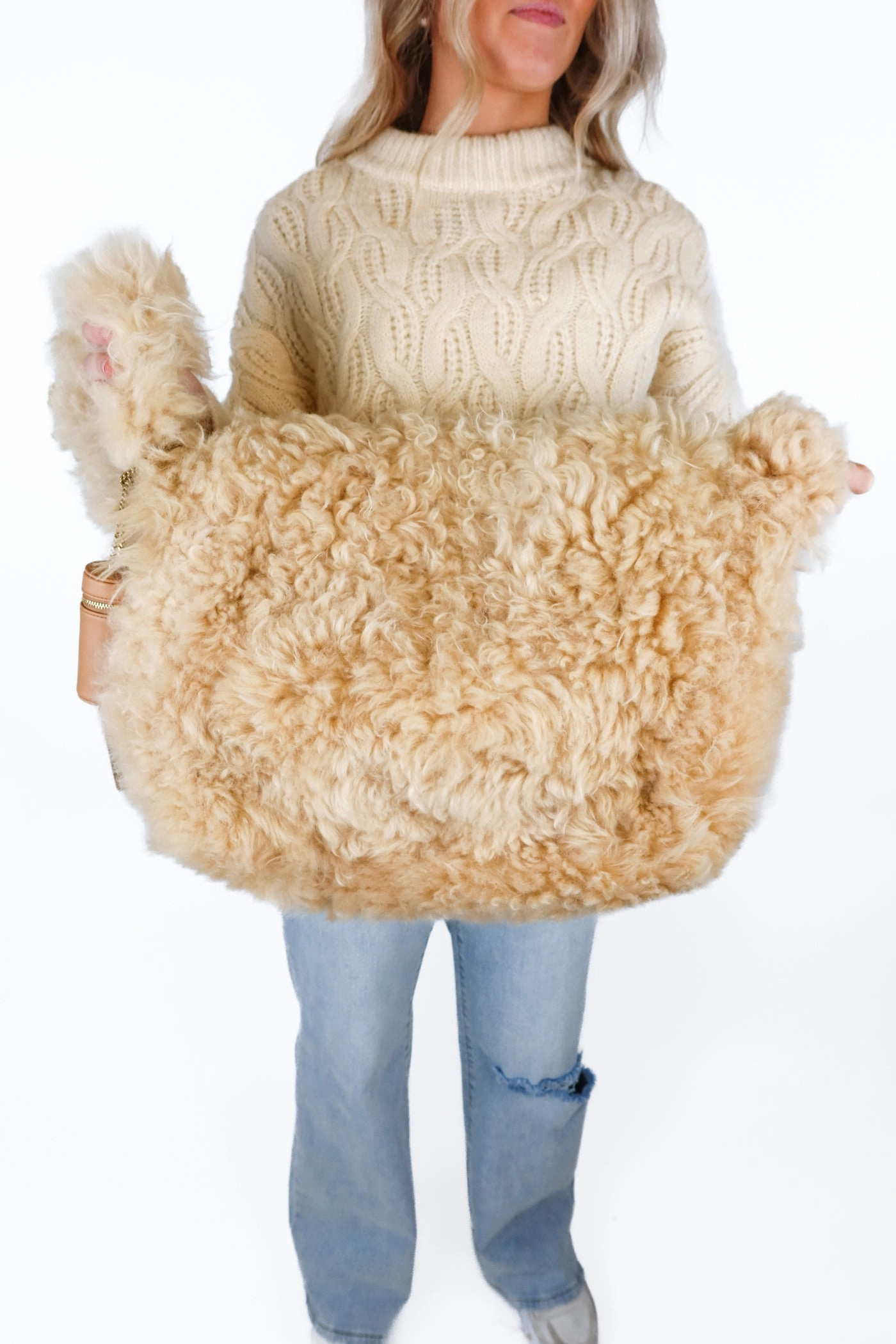 Saint Laurent Beige Genuine Shearling Shoulder Bag (retail approx. $4,000)*